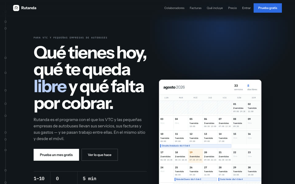 Homepage of rutanda.es: a large headline on a dark background and a monthly calendar of trips