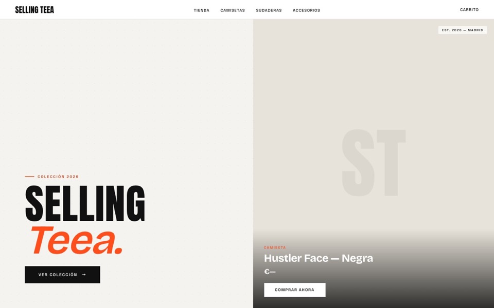 Homepage of sellingteea.com: a T-shirt store with a large headline and a featured product
